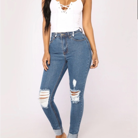 Fashion Nova Denim - New Fashion Nova High Rise Mid Wash Distressed Jeans